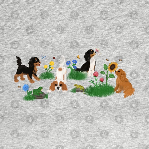 Four Cavalier King Charles Spaniels in a Field of Flowers by Cavalier Gifts